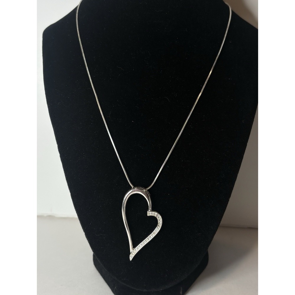 Avenue Silver Tone Open Heart Rhinestone Pendant Necklace Snake Chain 22"